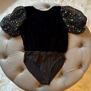Zara Black Velvet Kids Bodysuit with Sequin Sleeves